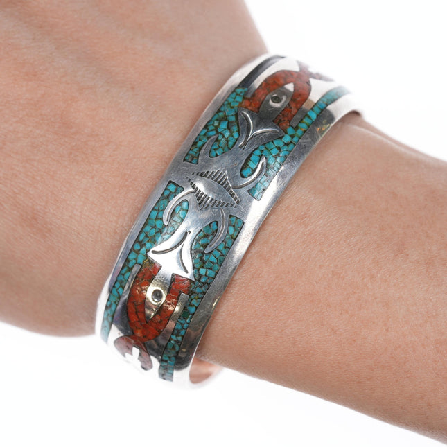 6.5" Vintage Navajo Chip inlay cuff bracelet with stamped edges