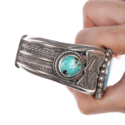 7 5/8" Vintage Navajo stamped twisted silver wire cuff bracelet with turquoise