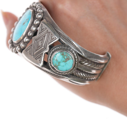 7 5/8" Vintage Navajo stamped twisted silver wire cuff bracelet with turquoise