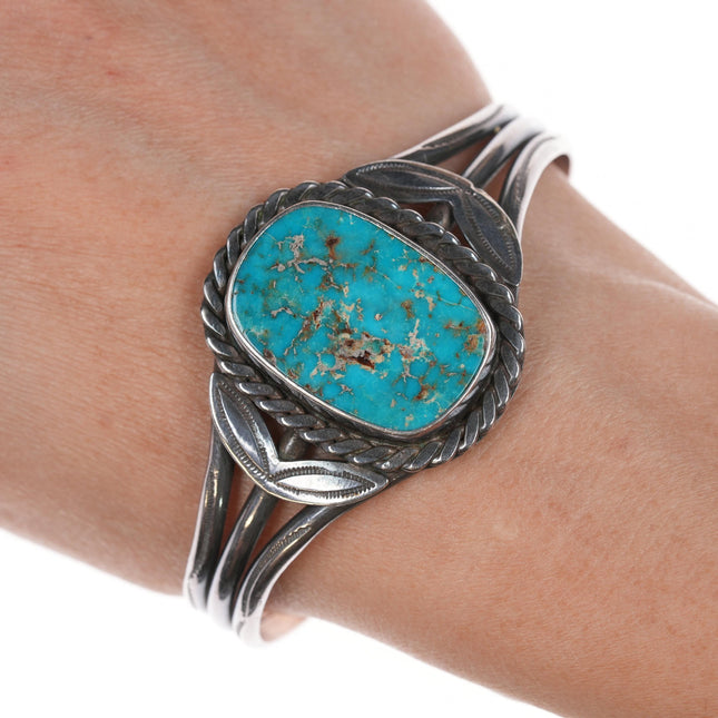 6 7/8" c1940's Navajo stamped silver cuff bracelet with turquoise