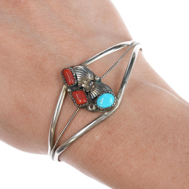 6.25" Vintage Native American Silver, turquoise, and coral cuff bracelet