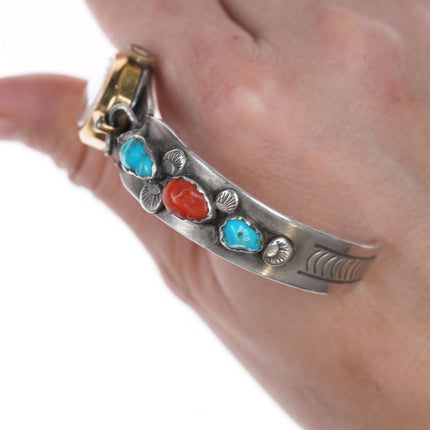 7" c1950's Women's Zuni Sterling coral, and turquoise watch cuff bracelet