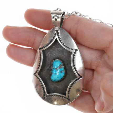 Large Vintage Navajo Sterling and turquoise pendant on link necklace