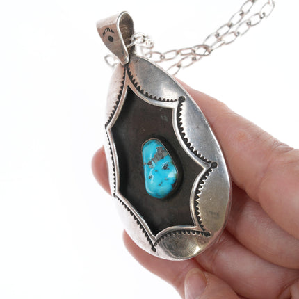 Large Vintage Navajo Sterling and turquoise pendant on link necklace