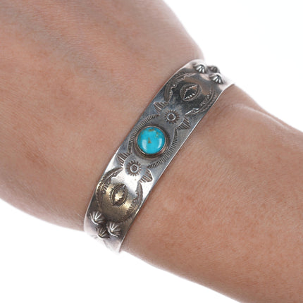 6 1/8" 30's-40's Hand Stamped Navajo Fred Harvey Era Sterling and turquoise Cuff