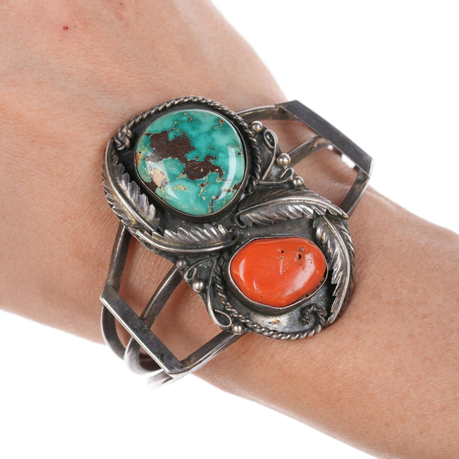 6 3/8" Vintage Native American Silver, turquoise and coral cuff bracelet