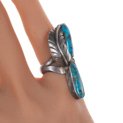 sz7.75 Vintage Native American silver blossom ring with double turquoise