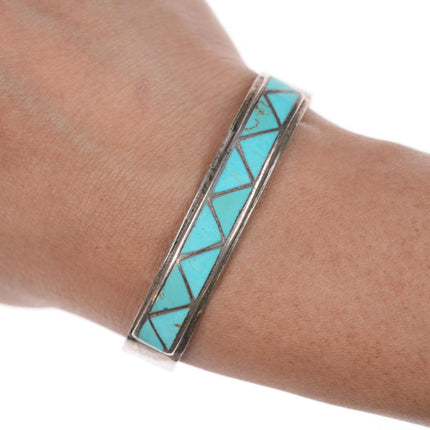 6" Vintage Zuni silver Channel inlay turquoise zig-zag cuff bracelet