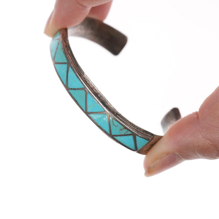 6" Vintage Zuni silver Channel inlay turquoise zig-zag cuff bracelet