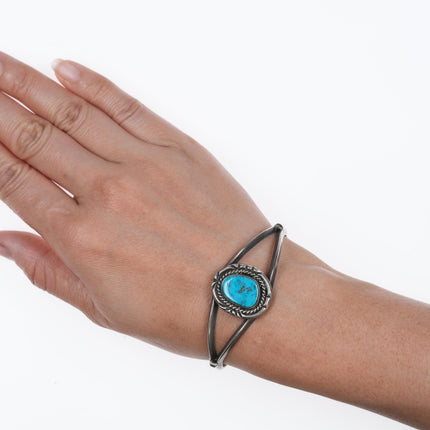 6.25" Navajo silver rope edge bezel turquoise cuff bracelet.