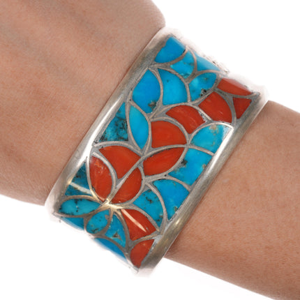 6 1/8" Alice Leekya Homer Zuni silver, turquoise and coral fishscale inlay cuff bracelet