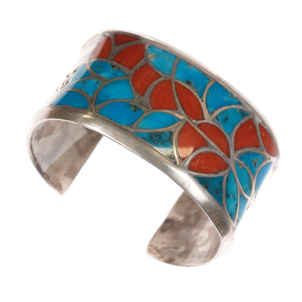 6 1/8" Alice Leekya Homer Zuni silver, turquoise and coral fishscale inlay cuff bracelet