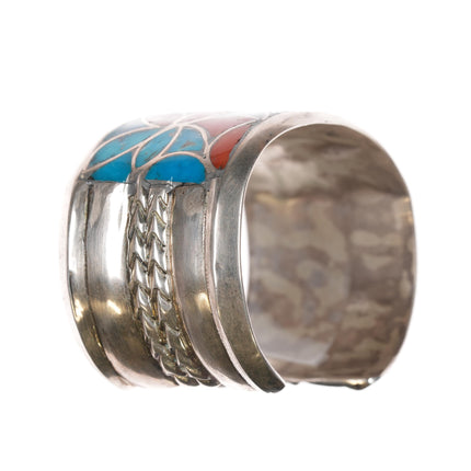 6 1/8" Alice Leekya Homer Zuni silver, turquoise and coral fishscale inlay cuff bracelet