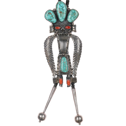 1976 John Coers Cherokee Kachina silver, turquoise, coral Bolo tie/pendant