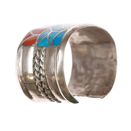 6 1/8" Alice Leekya Homer Zuni silver, turquoise and coral fishscale inlay cuff bracelet