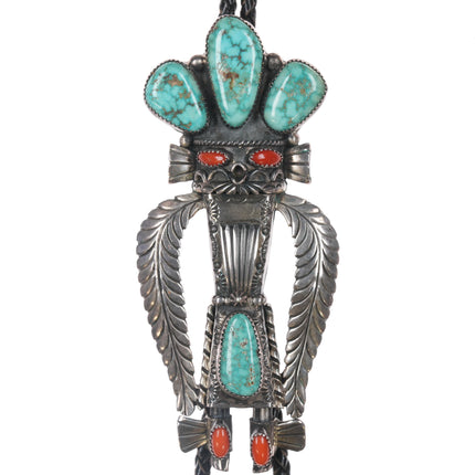 1976 John Coers Cherokee Kachina silver, turquoise, coral Bolo tie/pendant