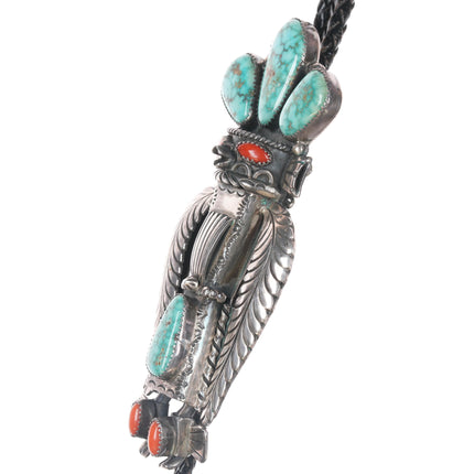 1976 John Coers Cherokee Kachina silver, turquoise, coral Bolo tie/pendant