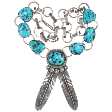 Virgil Yazzie Navajo sterling and turquoise feather pendant necklace