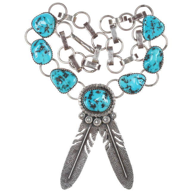 Virgil Yazzie Navajo sterling and turquoise feather pendant necklace