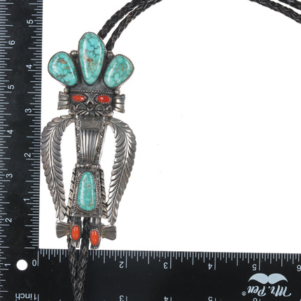 1976 John Coers Cherokee Kachina silver, turquoise, coral Bolo tie/pendant