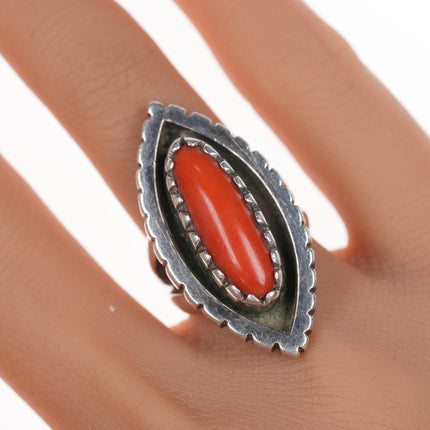 sz6 Mitchell Calabaza Kewa silver ring with Mediterranean red coral