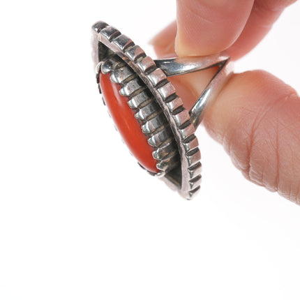 sz6 Mitchell Calabaza Kewa silver ring with Mediterranean red coral