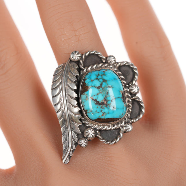 sz7 Vintage Native American silver and turquoiise feather ring