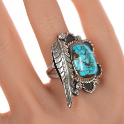 sz7 Vintage Native American silver and turquoiise feather ring