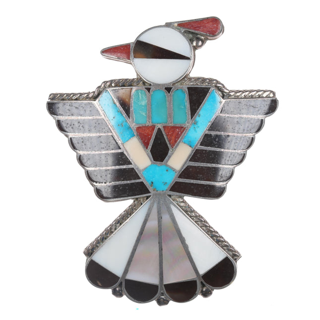 Large 50's-60' Zuni sterling multi-stone inlay thunderbird pin