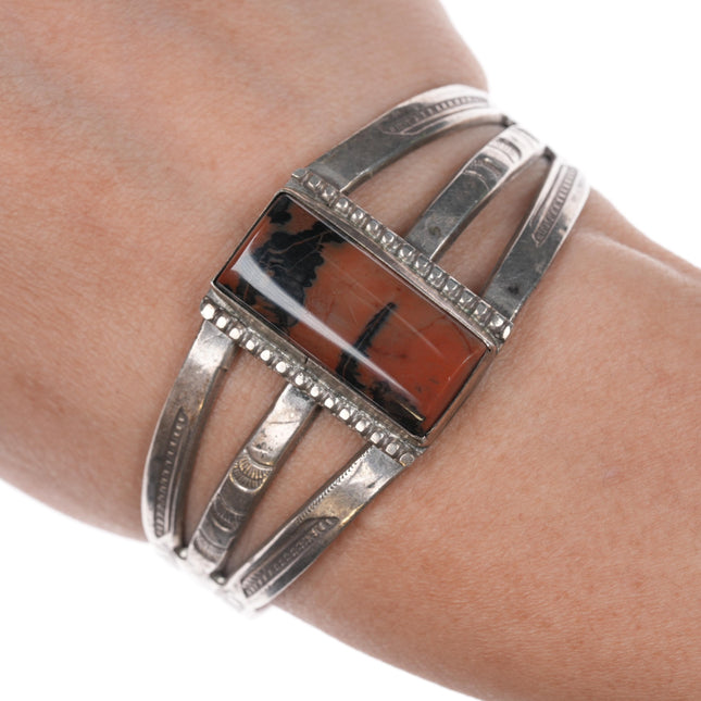 c1940's Navajo hand stamped silver petrified wood cuff bracelet