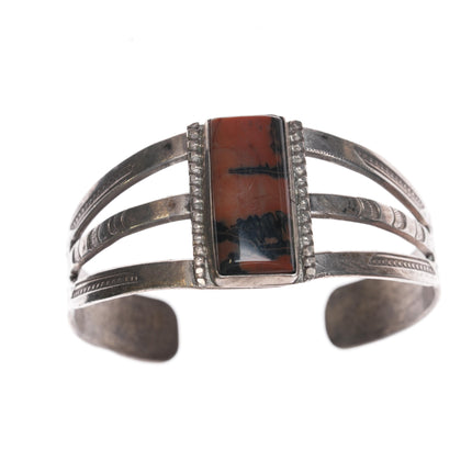 c1940's Navajo hand stamped silver petrified wood cuff bracelet