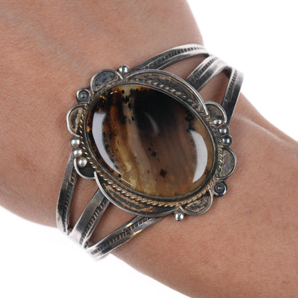 6 1/8" 40's-50's Navajo Curio Sterling agate cuff bracelet with snake stampings