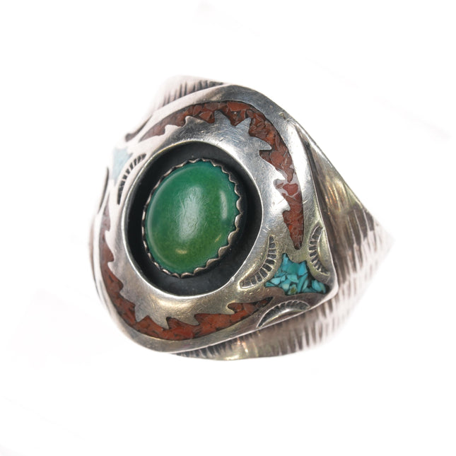 sz13.5 MD Native American sterling green turquoise, chip inlay ring