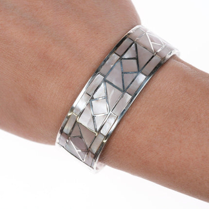 6.25" Zuni Pink Shell Silver Channel inlay cuff bracelet