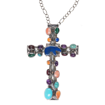 Large Vintage Nakai Native American Sterling multi-stone cross pendant