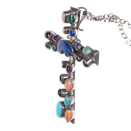 Large Vintage Nakai Native American Sterling multi-stone cross pendant