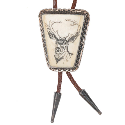 c1970 Sterling Carved Deer bone bolo tie