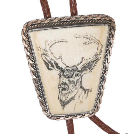 c1970 Sterling Carved Deer bone bolo tie