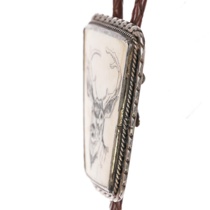 c1970 Sterling Carved Deer bone bolo tie