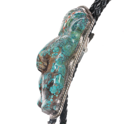 Large Manuel Weahkee Zuni Turquoise, coral sterling bolo tie