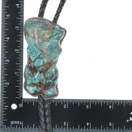 Large Manuel Weahkee Zuni Turquoise, coral sterling bolo tie