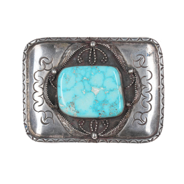 Heavy Vintage Native American silver belt buckle with nice turquoise