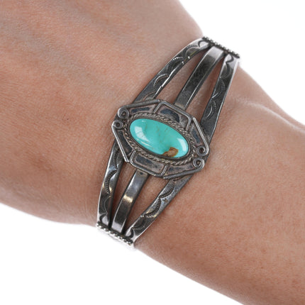 6" 30's-40's Navajo Hand stamped silver cuff bracelet with turquoise