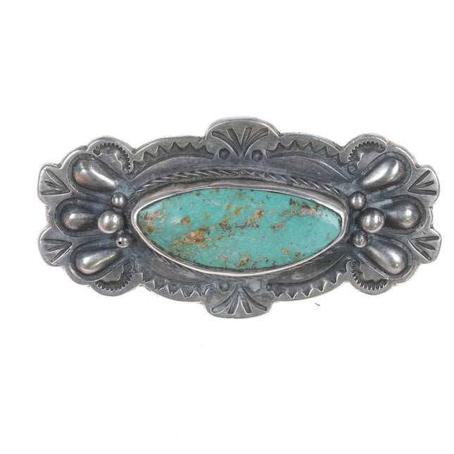 Sheils Tso Navajo heavy stamped silver and turquoise pin