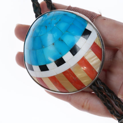 Ernest Medina Zia Sterling inlaid shell bolo tie