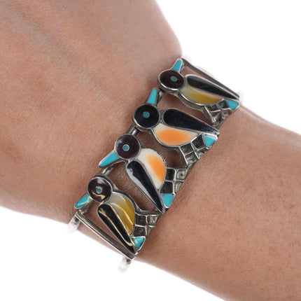 6" Vintage Zuni sterling penguins channel inlay cuff bracelet