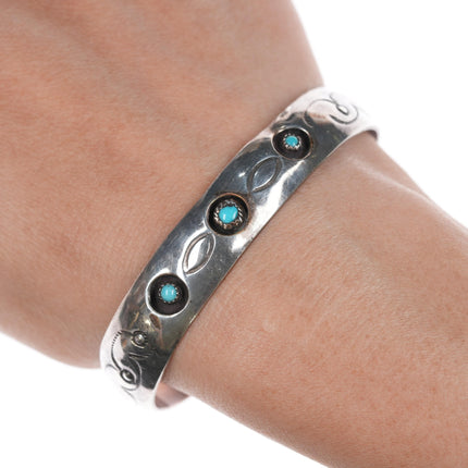 6.5" Vintage Navajo silver shadowbox slim cuff bracelet with turquoise