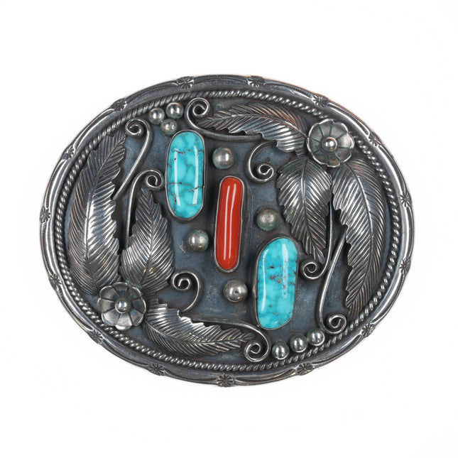 Phil Chapo Navajo silver, turquoise, and coral belt buckle