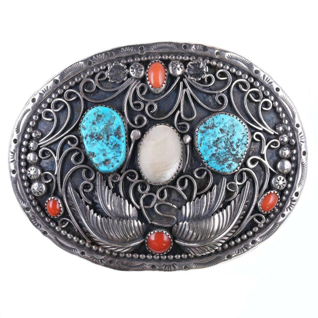 Fibbia della cintura patriottica vintage Navajo Sterling, turchese, corallo e conchiglia