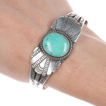 6 3/8" c1930's Navajo Hand stamped ingot silver cuff bracelet with turquoise